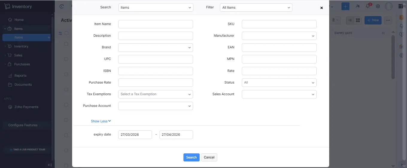 Zoho Inventory advanced search expiry date filter - free stock management manual method
