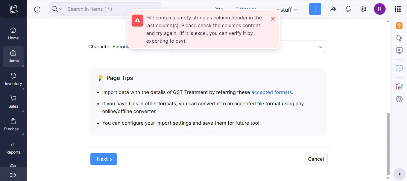Zoho Inventory failed CSV import error - wrong format small retail stock management