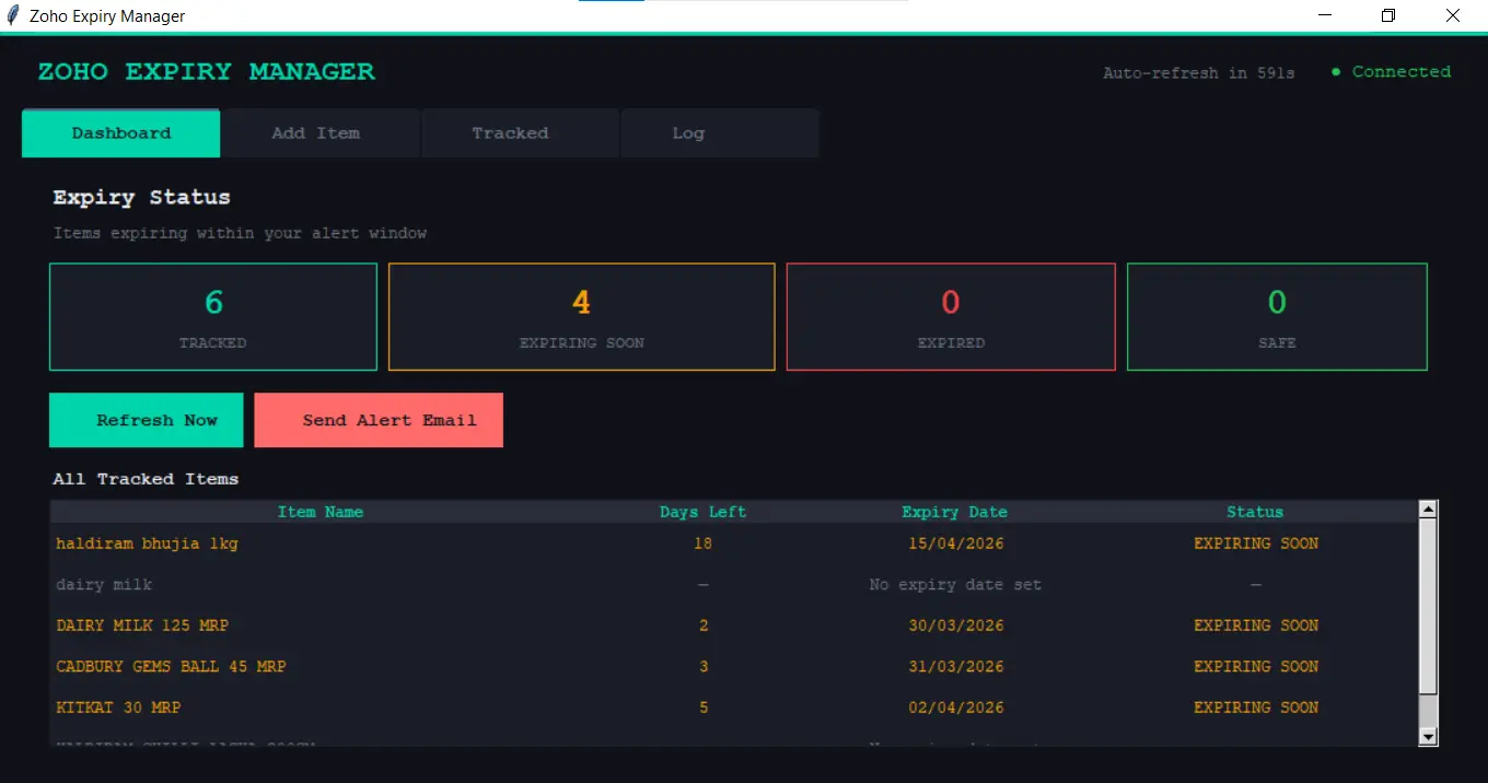 Zoho Inventory free expiry alert desktop app dashboard Python solution small retail