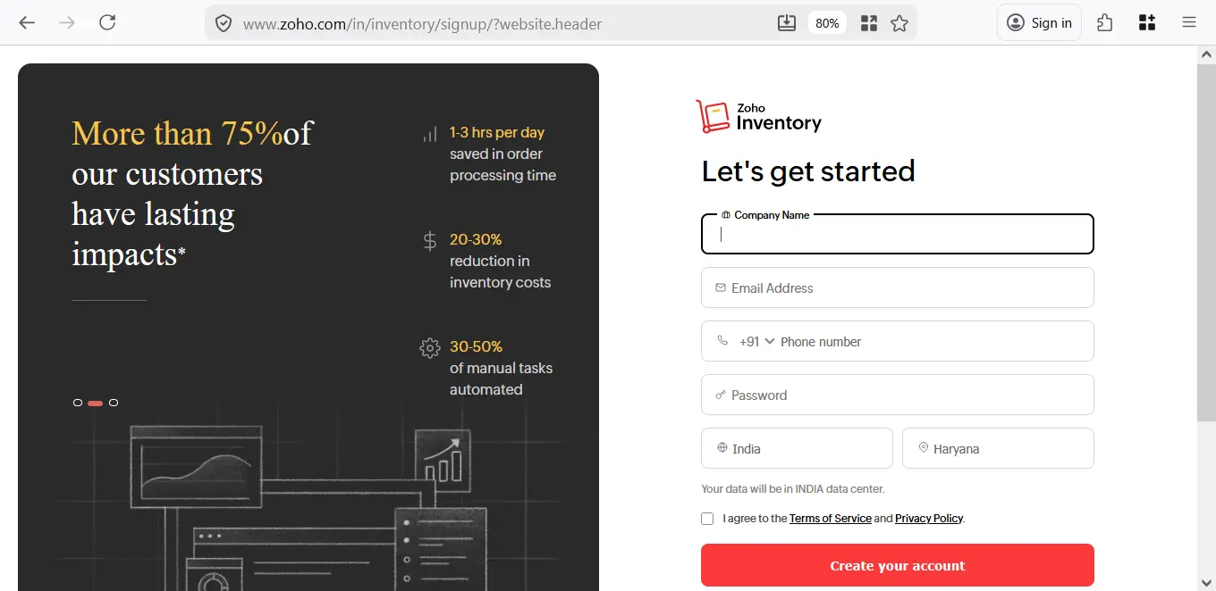 zoho inventory setup small retail - sign-up page free tier