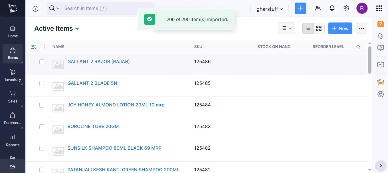 Zoho Inventory successful product import items list small grocery store