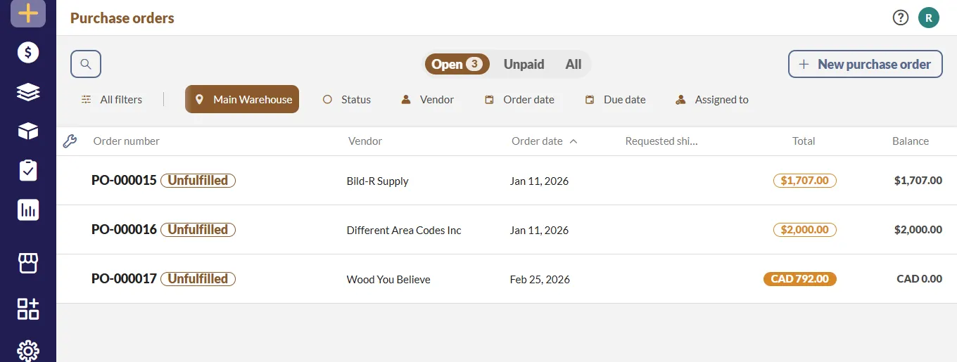 inFlow Inventory purchase order creation screen showing automated PO workflow for wholesale