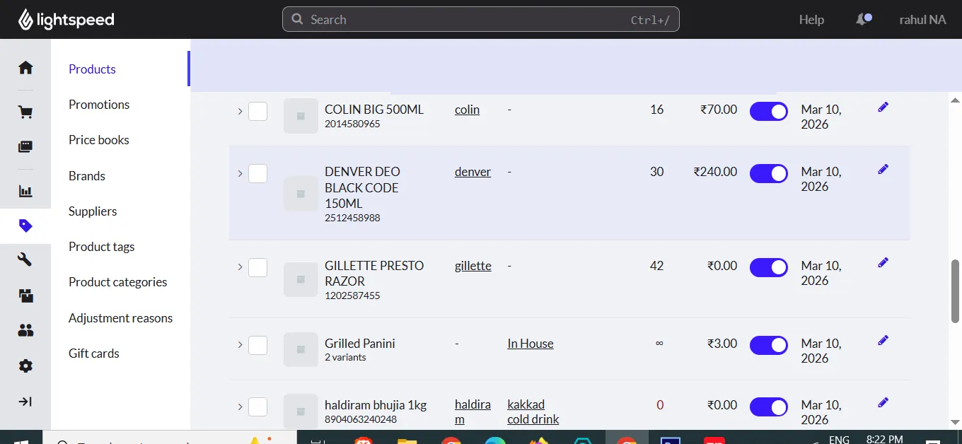 Lightspeed Retail inventory management interface showing imported products