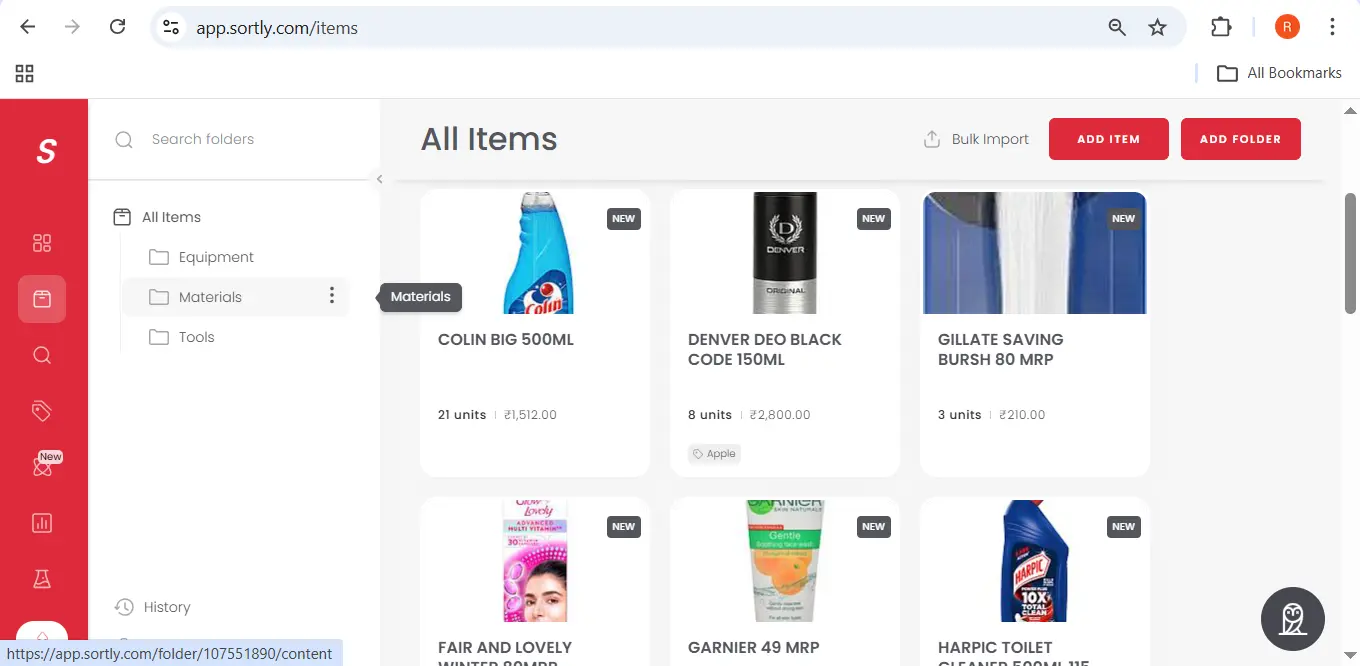 sortly visual interface showing items