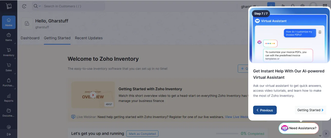 Zoho Inventory dashboard showing AI reorder alerts – best AI inventory tools for small retail