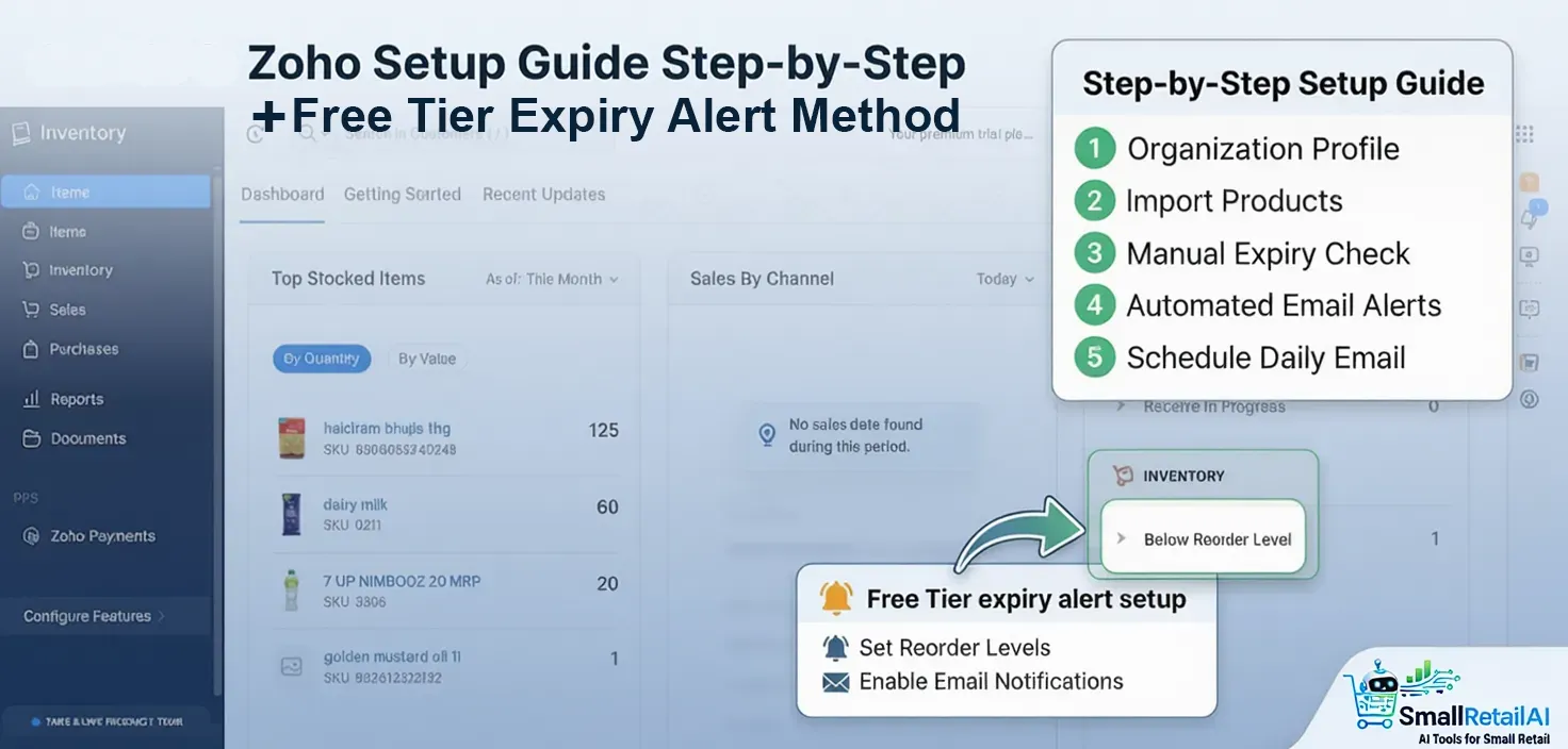 Zoho Inventory setup small retail step-by-step setup guide — free tier expiry alert method shown with real dashboard data from a grocery store owner