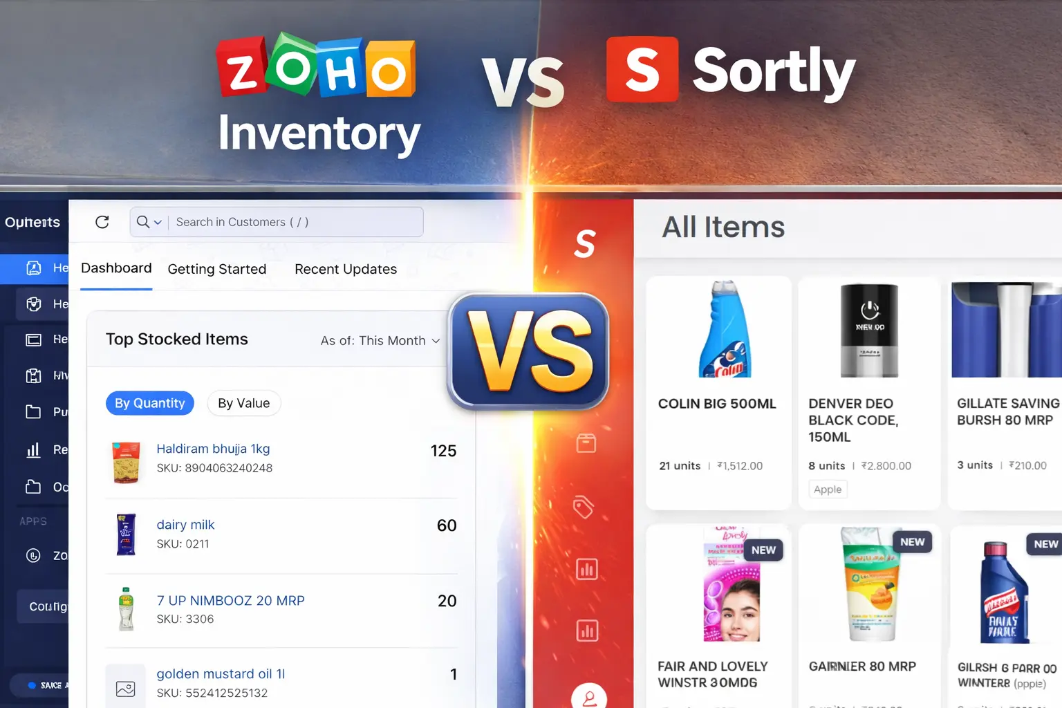 Zoho Inventory vs Sortly comparison — side-by-side screenshots from a real grocery store. Zoho view (left) and Sortly visual grid (right).