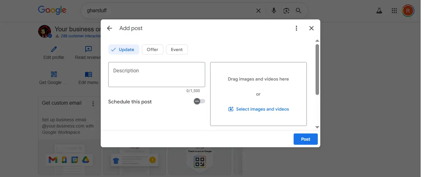 google business profile posts creation screen gharstuff store