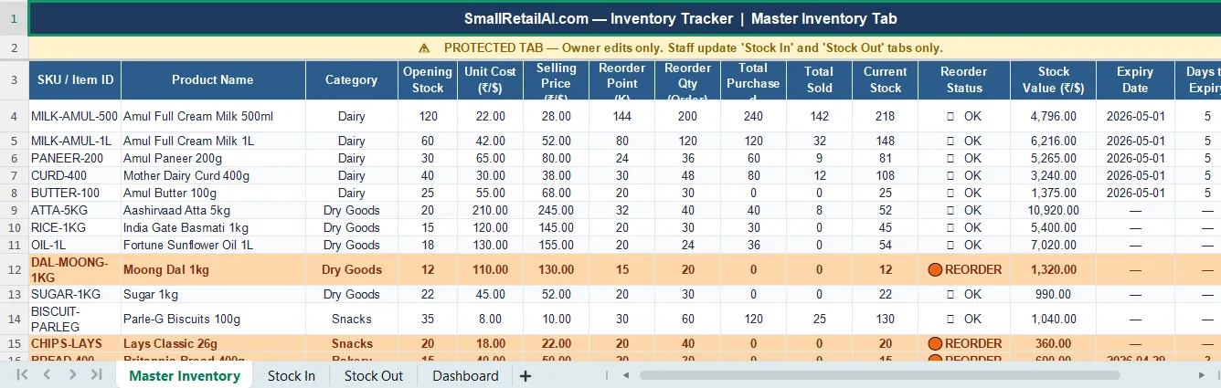 Reorder point formula for small retail in Google Sheets — column K showing calculated reorder levels