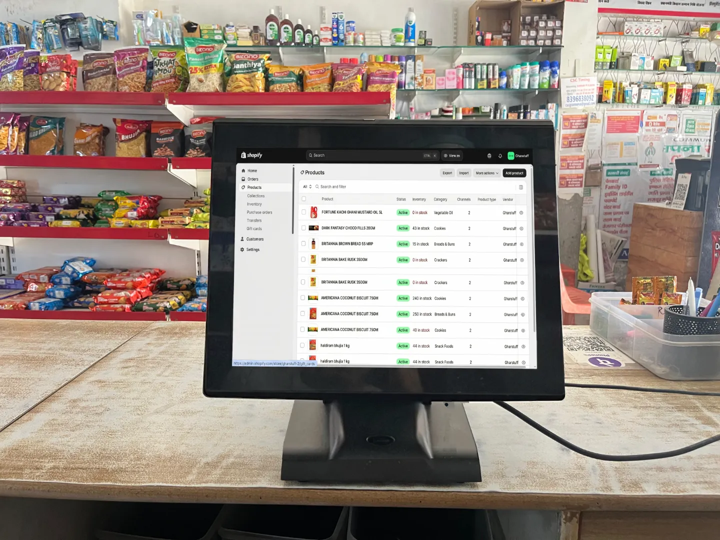 POS system running at a small retail grocery counter — tablet-based billing at gharstuff.com