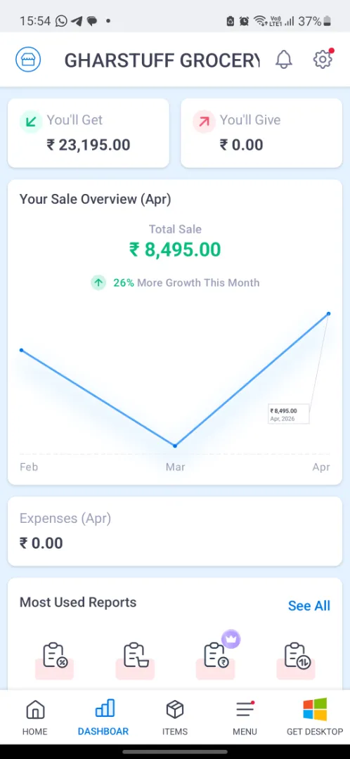 Vyapar app dashboard showing billing summary on Android phone at small grocery store