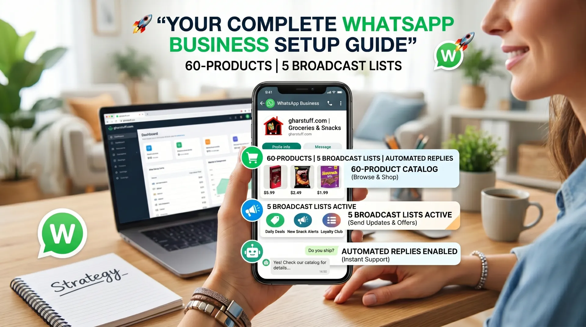 WhatsApp Business setup for grocery stores — catalog, broadcast lists, and quick replies on smartphone