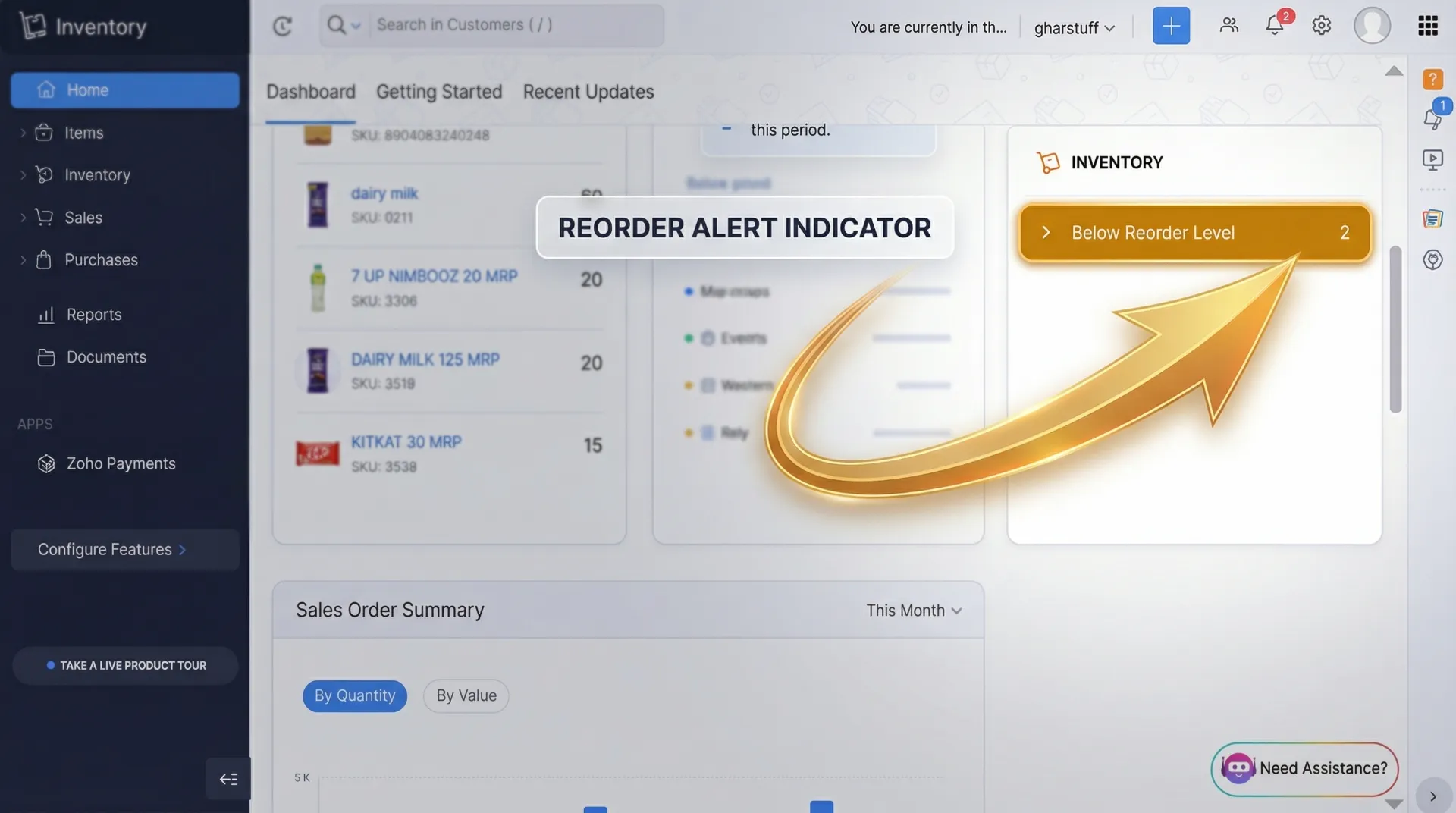 reduce stockouts small grocery store — Zoho Inventory low stock report showing reorder point alerts