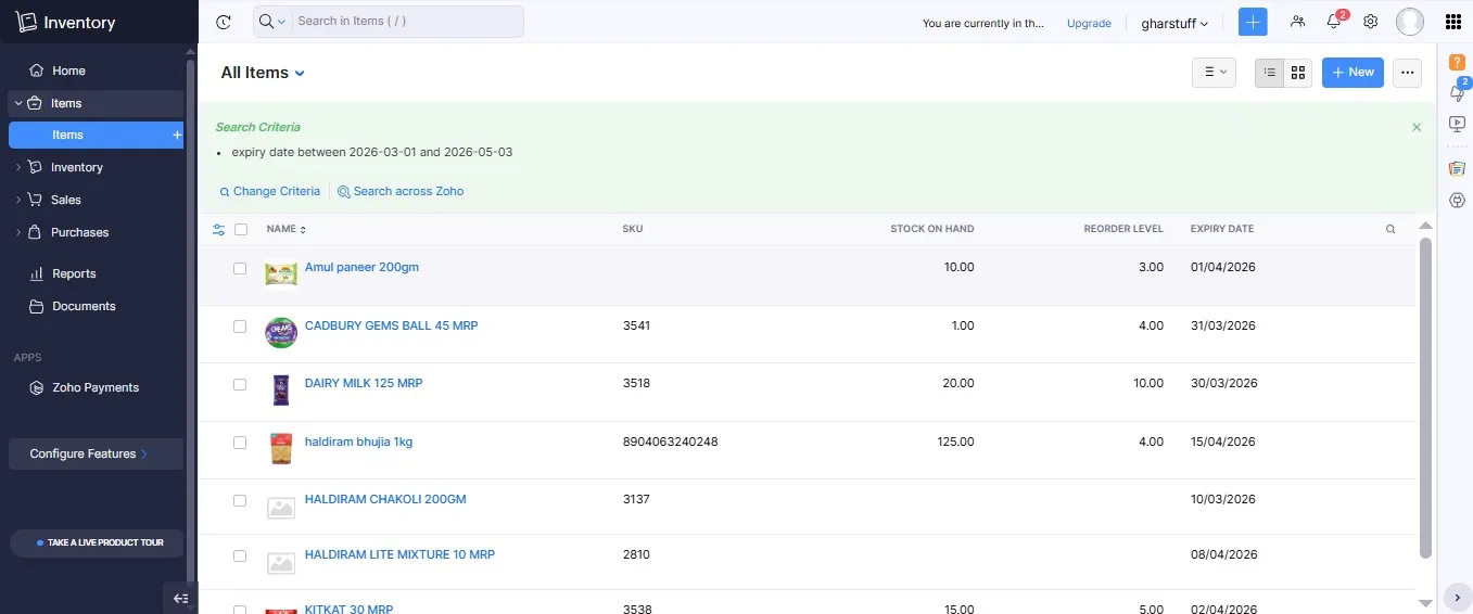 Zoho Inventory free plan dashboard showing stock levels, batch expiry tracking, and low stock alerts